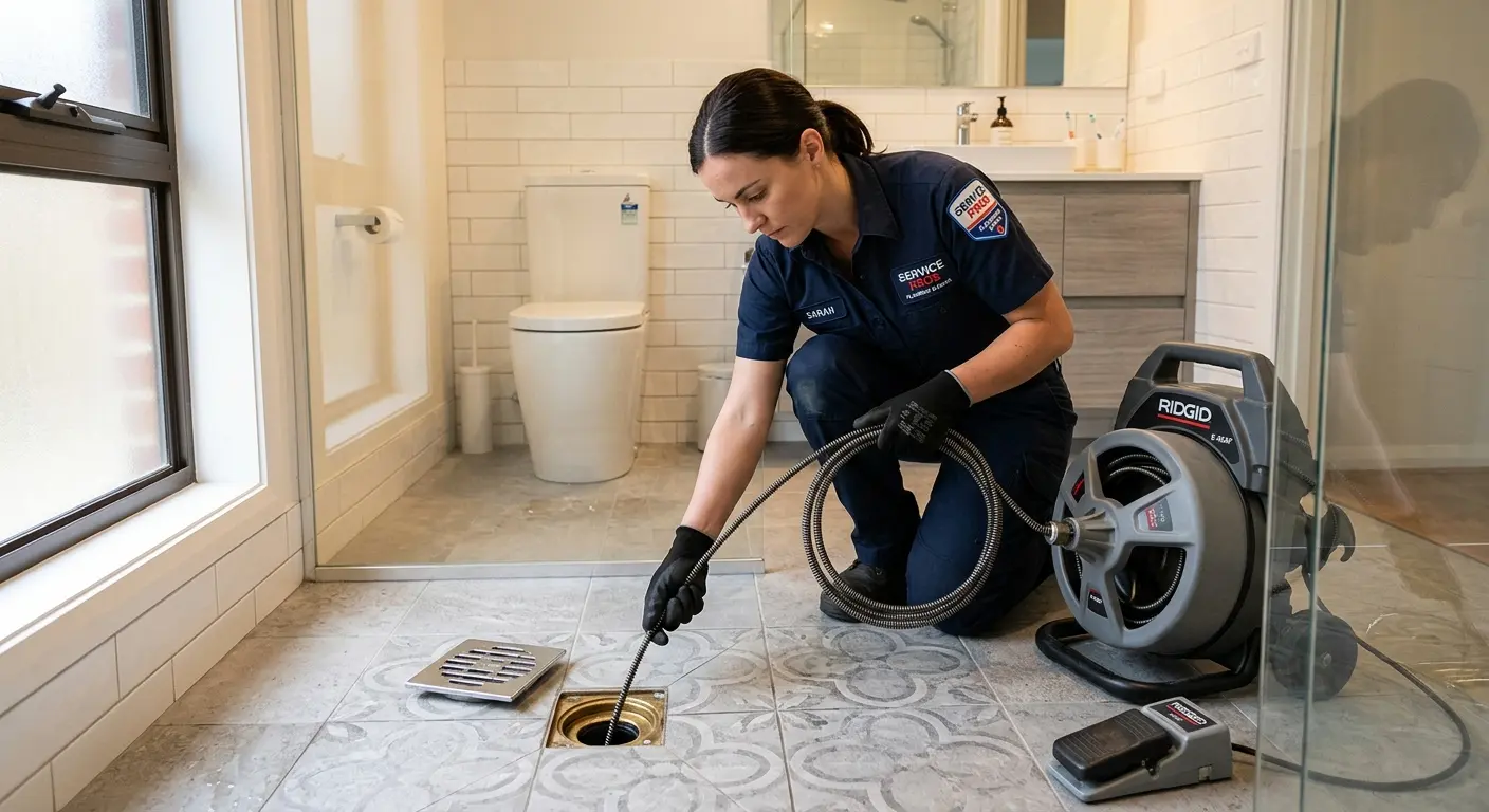 Technician clearing a bathroom floor drain for Hydro Jetting in Sayreville